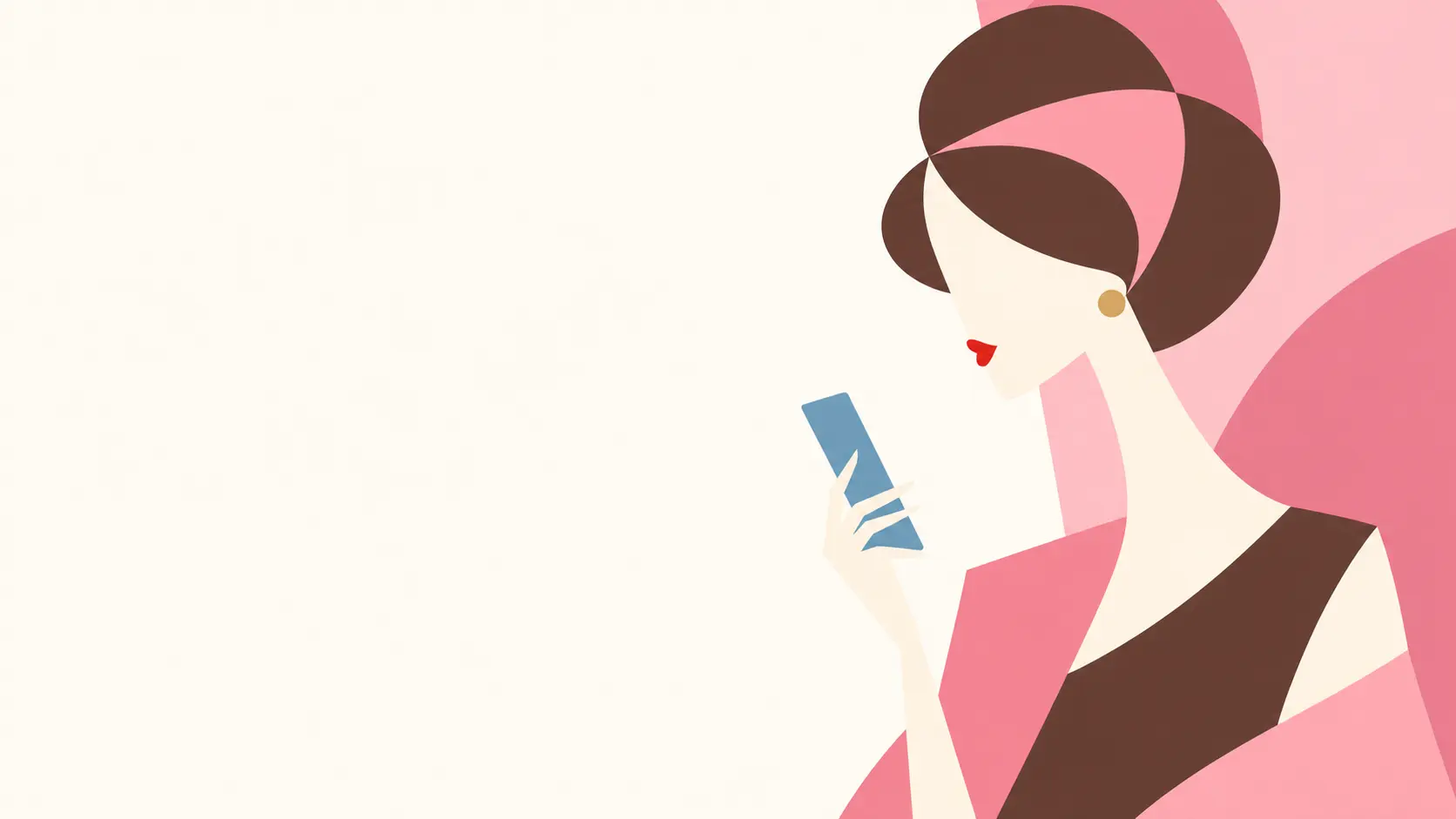 ピンクの幾何学模様で描かれた女性とスマートフォンのイラスト